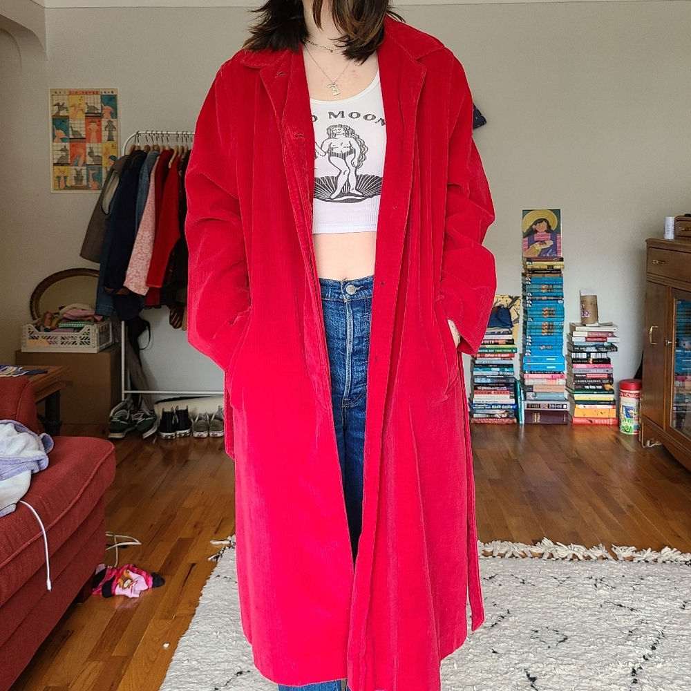 Red corduroy button-up coat